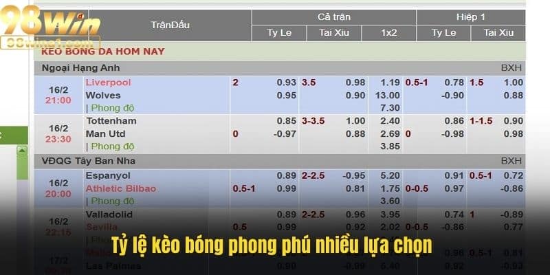 Tỷ lệ kèo bóng phong phú nhiều lựa chọn